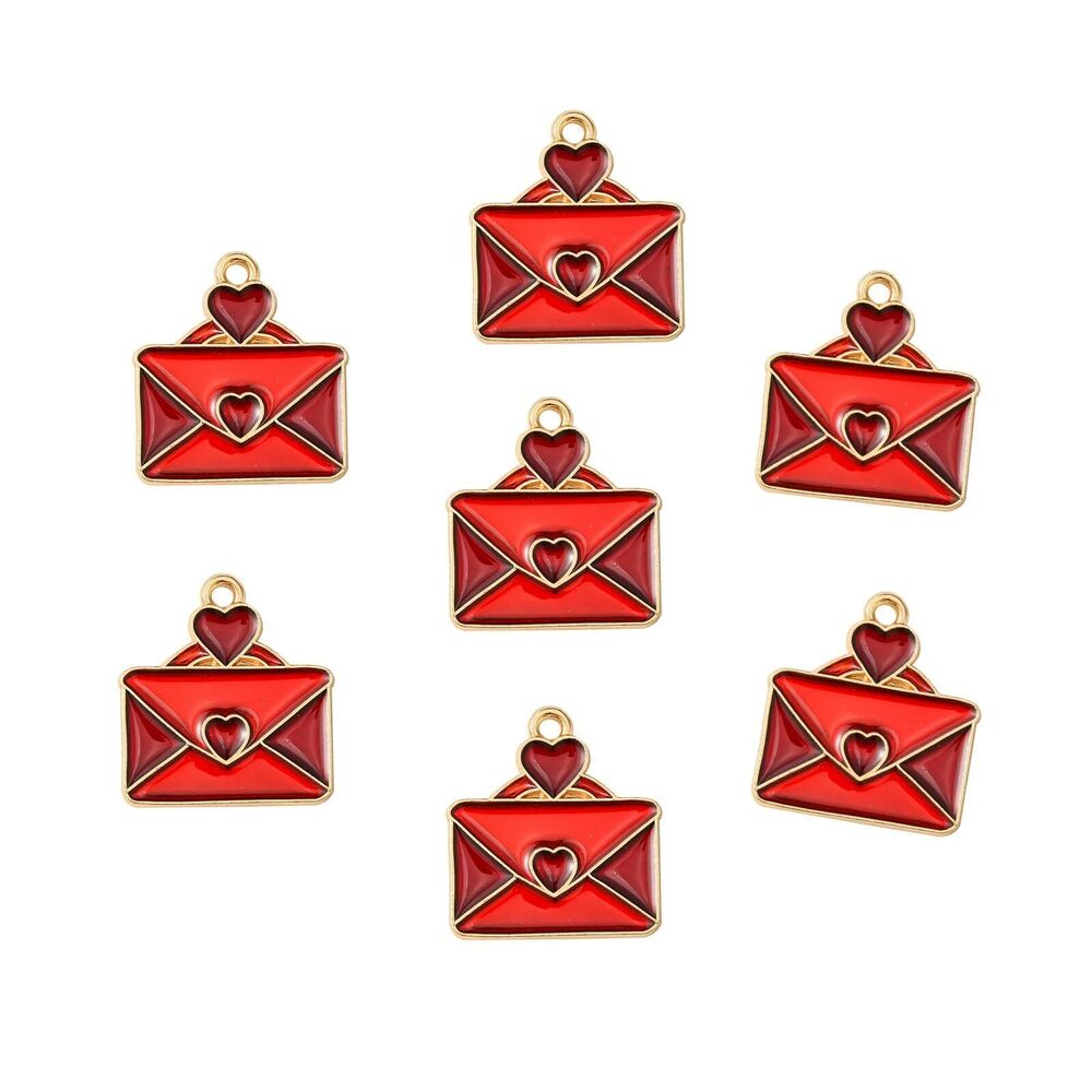 2604 100 pcs Red Heart Envelope Enamel Charms Valentine's Day Letter Charms